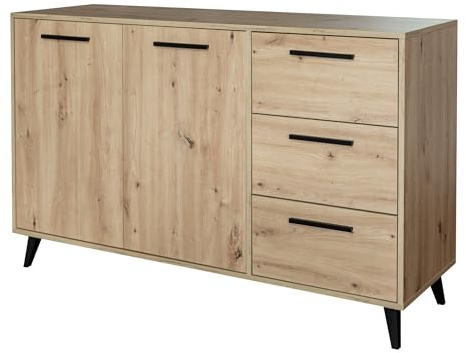 Masseno Kommode Fiora 140 cm Sideboard mit 3 Schubladen und 2 Türen für Wohnzimmer Schlafzimmer Modern 140x41x86 cm Eiche Artisan