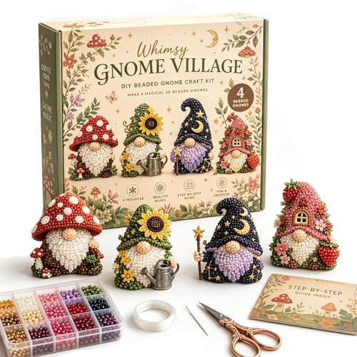 Kreatives 3D-Mini-Welt-Bastelset mit Perlen, kleines 3D-Perlen-Tier-Bastelset, zierliches Tier-Bastelset, kreatives Schmuckkunsthandwerk, Geschenke für Bastelliebhaber (Whimsy Gnome Village)