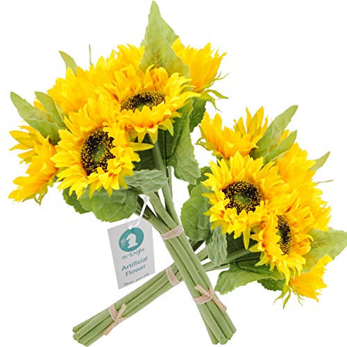 cn-Knight Künstliche Blumen, Sonnenblumensträuße mit 7 Seidenblumen für Hochzeit, Brautstrauß, Brautjungfer, Heimdekoration, Einweihungsgeschenk, Büro, Babyparty, Gelb, 2 Stück