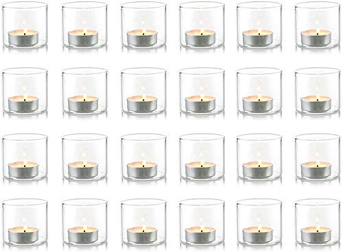 Nuptio Lot de 24 Bougeoirs Verre Clair Votif pour Bougies Chauffe-Plat Ensemble Porte-Bougies Chauffe-Plat Bougeoir Table Idéal pour Fêtes Mariage Événements Noël L'aromathérapie L'utilisation