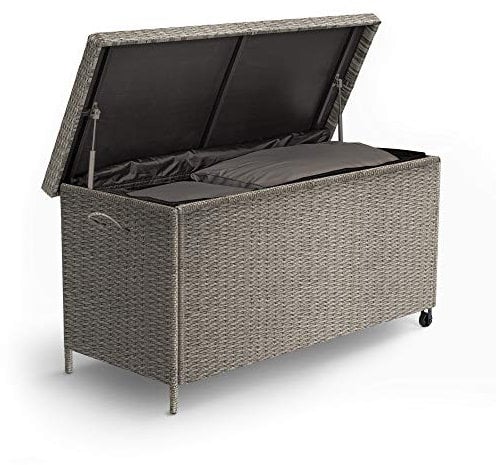 VonHaus Rattan Garden Storage Box 290L - Outdoor Cushion Storage Box with Wheels - Grey Deck Box with Easy Carry Handles - Weatherproof Garden Storage Container with Reinforced Hinged Lid for Patio