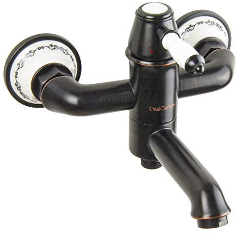 PaulGurkes schwarze Nostalgie Retro Aufputz Wannenarmatur weißer Keramik Bordüre Einhandmischer Mischbatterie Umsteller 2-Wege Armatur mit Auslauf für Wanne Vintage Antik Landhausstil