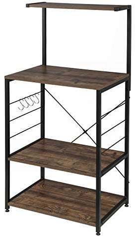 eSituro Küchenregal, Mikrowellenregal mit 4 Haken, Backregal mit 4 Ablagen, Aufbewahrungsregal für Küche Café Wohnzimmer Badezimmer, 60 x 40 x 123 cm, Vintage-Holzoptik + Schwarz
