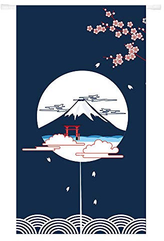 Ofat Home Japonaise Noren Rideau de Porte à Suspendre au Mur Fuji et Fleurs de Cerisier, Peinture pour Chambre à Coucher, Cuisine, Salle de Bain, décoration de Porte, cloison de pièce, Bleu, 85x150cm