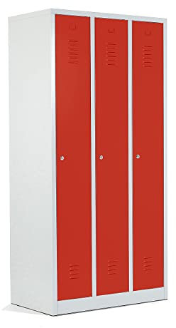 Schrank & Stuhl Spind – Metallspind mit 3 Abteilen in 180 x 90 x 50 cm, Schließfachschrank mit Hutboden & Zylinderschlössern, Lieferung komplett montiert, Grau/Rot