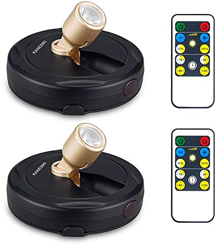 KANESIKI Battery Operated Spotlight, Wireless Picture Lights, LED Puck Light, Dimmable Accent Light with Remote, Stick on Lighting for Dartboard Painting Artwork Closet Portrait, 2 Pack