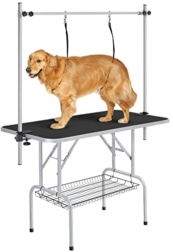 Yaheetech Tavolo da Toelettatura Cani Tosatura per Cani Gatti Animali Nero | Pieghevole, in MDF e Acciaio, Vassoio in Rete, Anti-Scivolo, Bordi Arrotondati e Corde di Fissaggio,118 x 60.9 x 177 cm