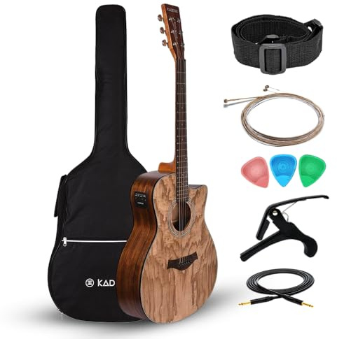 Kadence Electric Acoustic Guitar (Ash Wood) - Semi Acoustic Guitar with Pickup, Inbuilt Tuner, Capo, Strings, Picks, Strap, Cable and Padded bag - Electro Guitars for Beginners & Professionals