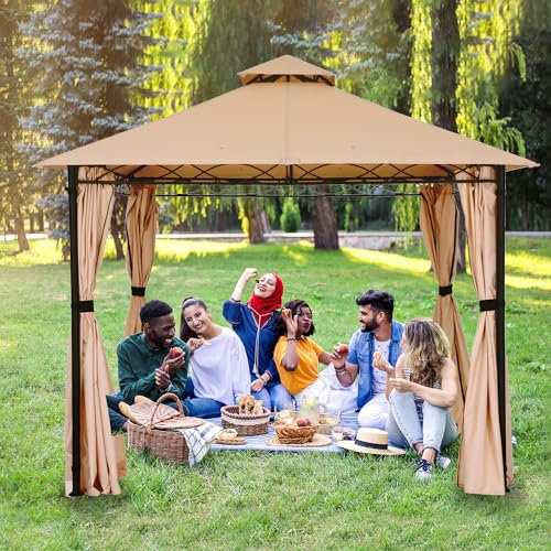 Gazebo 3x3M pour terrasses, auvent extérieur à Double Ventilation avec Rideaux et Sac de Sable, Tente de terrasse extérieure avec Lignes ondulées décoratives pour arrière-Cour (Beige)