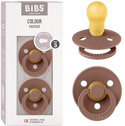BIBS Colour Soother 2-Pack, BPA Free Dummy Pacifier, Round Nipple. Natural Rubber Latex, Made in Denmark, Size 3 (18+ Months), Woodchuck