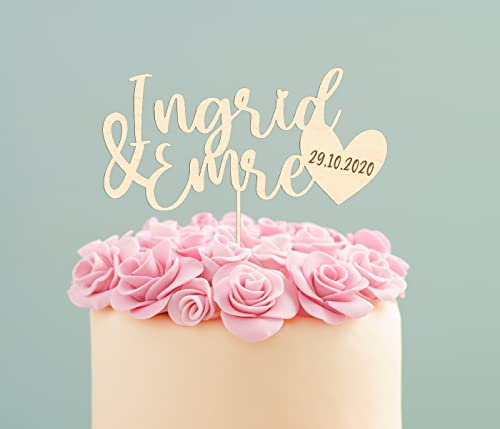 Cake Topper Amour personnalisable pour les couples Cadeau de mariage personnalisé Gâteaux Décoration - en bois ou en acrylique, gravure superfine, 20 cm, Bouleau Multiplex