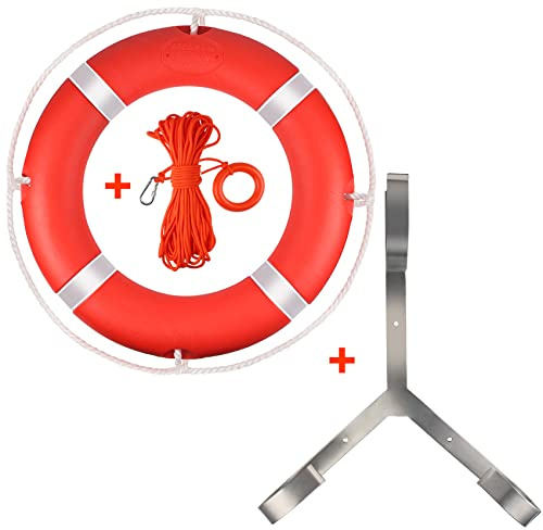 Sicherheitsring für Boote, 58,4 cm, mit weißem Seil und reflektierendem Klebeband, Rettungsring, inklusive schwimmendem schwimmendem Seil und Ringboje Halterung