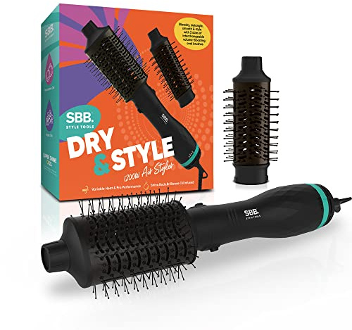 SBB Dry & Style 1200W Blow Dry Hair Brush, Hot Air Styler - Hair Dryer Brush for Volumising and Shine - Hairbrush Dryer & Detangling,Styling x 2 Brushes, Smoothing Oils for Short, Medium Hair-Length