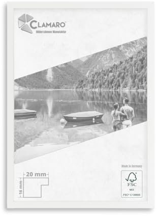 CLAMARO 'Collage 20' Bilderrahmen 30x90 handgefertigt nach Maß | Weiss Matt | Moderner 20 mm breiter Slim Design MDF Holzbilderrahmen inkl. Acrylglas, Rückwand und Aufhänger