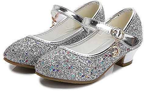 KUWIBY Girl Sandals Glitter Princess Shoes Sequin Party Shoes Bling Bowknot High Heels Wedding Birthday Dress Comfort Bright Diamond Cosplay Dance for Little Girls Christmas Silver