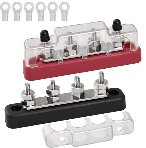 12V - 48V DC 100 Amp Power Distribution Block Bus Bar Terminal Block, 4 x 3/16 post terminals With Cover for Cars RVs Ships Yachts(Pair, Red & Black)