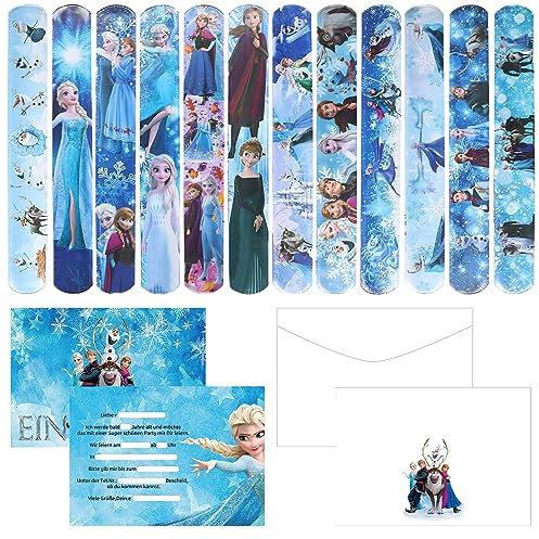 Pellinch Eiskönigin Kinder Mitgebsel,12 Schnapparmbänder,12 Deutsche Einladungskarten 12 Umschläge Einladung Party Geburtstag Spielzeug Eiskönigin für Kinder Mädchen Jungen Give Aways Party Zubehör