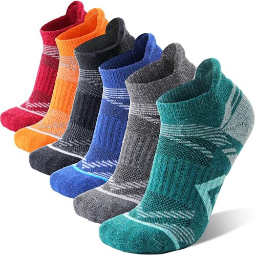 ANTSANG 6 Paires Chaussettes Chevilles Laine Mérinos Randonnée Course à pied Compression Épaisses Rembourrées Respirantes Homme Femme(Bleu/noir/vert/gris/orange/rouge,42-46)