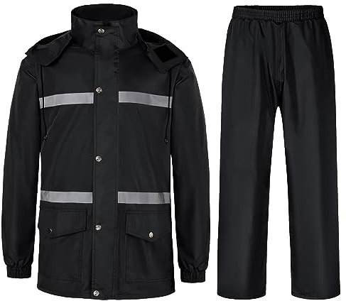 Lucykone Herren Regenanzug Reflektierender 100% Wasserdichter Anzug Outdoor Regenmantel Winddicht Regenjacke, Schwarz, XL