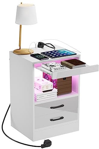 Comodini Camera da Letto Moderno, Comodino Cameretta con Luci a LED, Presa e Porta USB, Mobiletti Salvaspazio, Credenza Soggiorno Moderno, Cassettiera Piccola 60x40x35 cm, Mobile da Letto Bianco