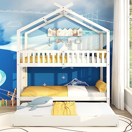 Daesar Funktionsbett 90x200 Ausziehbar, Hausbett Kinderbett mit Rausfallschutz, Modern Holzbett Weiß für Kinder Mädchen
