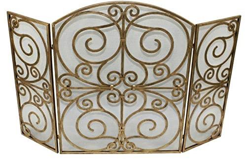 Kaminschutzgitter, 3-Teiliges Scroll-Design, Kaminschutzgitter – Antik-Gold-Finish Kaminschutzgitter, Flache Kaminschutzgitter, Dekorativ