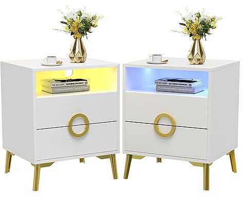 PIPIPOXER 2er Set Nachttisch Weiß mit 2 Schubladen, LED Nachttisch Weiß und Gold, 2 Schubladen Nachtschrank mit 16 Farben Beleuchtung, Beistelltisch für Schlafzimmer, 45x40x57cm
