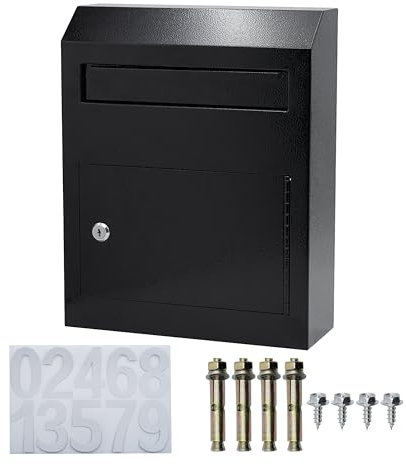 VORVIL Mail Drop Box with Lock for Secure Outside Key, Letter, Parcel, Money, or Cash Storage, Heavy-Duty Steel with Slide Open, Lockable Front, Anti-Fishing Teeth, Wall Mounted (Black)