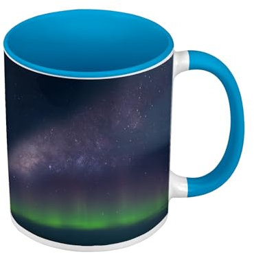 Tasse, hochwertig, Blau – Aurora Borealis Grün vor der Milchstraße Sternenhimmel – Tasse mit Henkel und farbigem Innenfutter