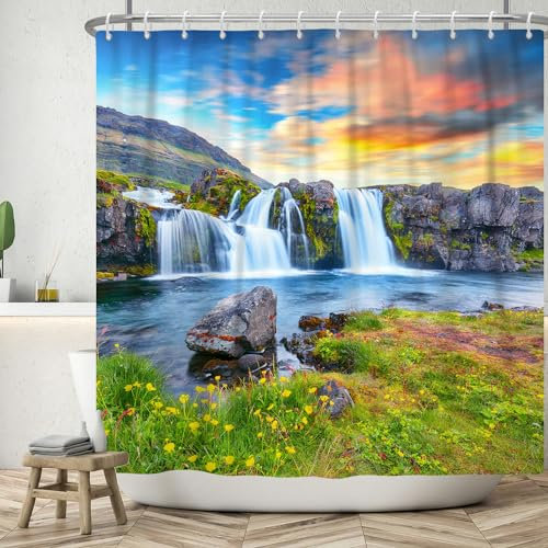 ASDCXZ Duschvorhang 240x180 cm, Naturlandschaft Berge und Flüsse Wasserfall Blumen Gras, Polyester, Wasserdicht, Bad Duschvorhang mit 12 Haken