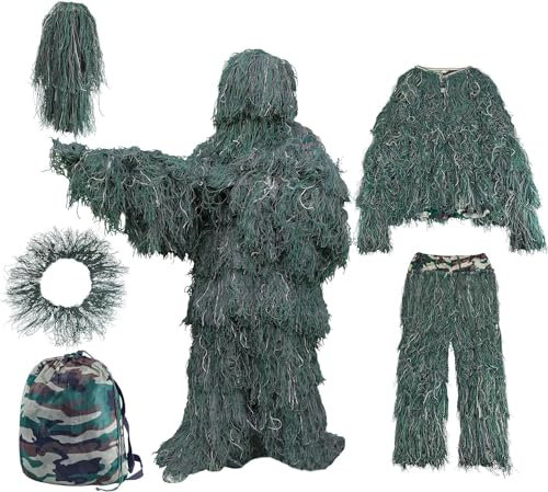 Wald Ghillie Suit, 5-teilige 3D Ghillie Tarnanzug Ghillie Suit Jagdbekleidung Set Wald Wüste Tarnanzug Militär Ghillie Anzug Jagdhose Set für CS, Paintball, Airsoft,Tierfotografie