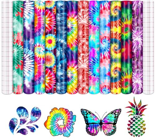 Tintnut Vinylfolie Plotter, 12Pack 30cmx 25cm Krawattenfarbe Plotterfolie Vinyl mit 2 Transferfolie Plotter für Cricut