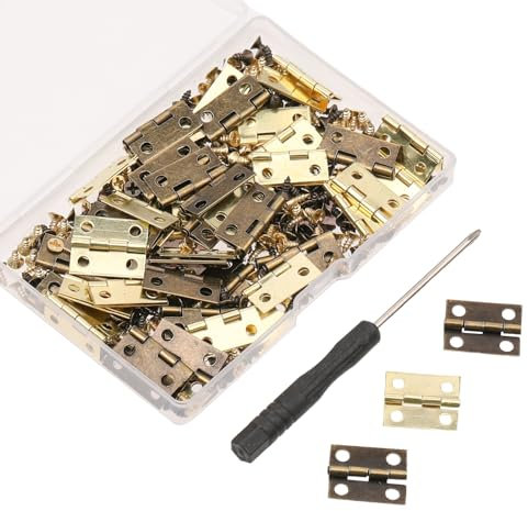 60Pcs Small Brass Antique Mini Hinges, Stainless Steel Folding Butt Miniature Hinges With Screws and Screwdriver for Dolls House Mini Wooden DIY Crafts Jewelry Box Cabinet