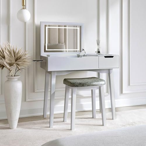 FABS Selena Grey Dressing Table with Flip Top LED Light Mirror Side Drawer Stool USB Charger Vanity Dresser Modern Compact Design Jewellery Makeup Storage Organiser Bedroom Furniture
