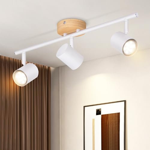 Deboola Deckenstrahler 3 Flammig Deckenlampe Holz - GU10 LED Deckenleuchte Vintage Deckenspot Schwenkbar Vintage Strahler Spots für Schlafzimmer Wohnzimmer Flur Küche Esszimmer Ohne Leuchtmittel