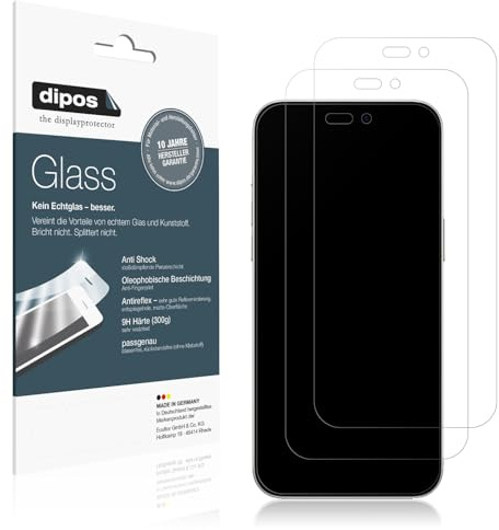 dipos 2x Displayschutzfolie 9H matt für Apple iPhone 16 | Antireflex, entspiegelnd, bricht und splittert nicht, kein Echtglas, Anti-Shock, kratzfest, blasenfrei, selbstklebend