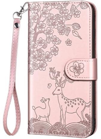 Nbziyoo Phone Case for iPhone 13 Pro, Embossed Deer Floral Animal Flip Wallet Case with Card Slots, Premium Magnetic Protective PU Leather Cover Case for iPhone 13 Pro.Pink
