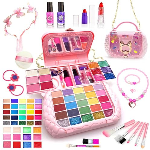 Kinderschmink Set Mädchen Schminkkoffer Armband Haarreif Halskette 57 PCS Waschbar Schminke Kinder Make Up Set Spielzeug Prinzessin Weihnachts Geburtstags Geschenke ab 4 5 6 7 8 9 10 11 Jahre