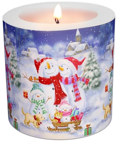Kerze Weihnachten Familie Schneemann mit Tiere als Tischdeko für die weihnachtliche Dekoration, Weihnachtsfeier oder als Geschenk. Kerze als originelle Deko für Anlässe im Winter Ø8 x Höhe 7,5cm