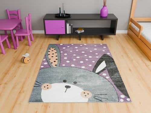 AKCILA Lima Kinderteppich Lila Hase 160x230 cm Kinderzimmer Teppich, Spielteppich Kinder Babyzimmer Tepich, Teppich Schlafzimmer,Teppiche Gegend, Kids Carpet,Kurzflorteppiche für Mädchen und Jungen