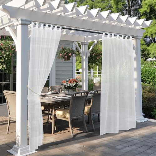 PONY DANCE Outdoorvorhang Weiß Transparent 2er Set H 243 x B 137 cm Leinenoptik Outdoor Vorhänge Wasserdicht Terrasse Gardinen mit Abnehmbaren Schlaufen Balkon Vorhang Outdoor