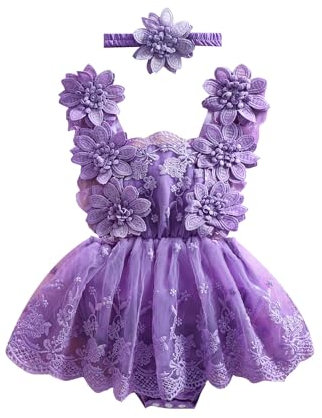 LYSINK Newborn Baby Girl Romper Dress Short Sleeve Mesh Tutu Dress Flower Lace Ruffle Jumpsuits Dress Headband 2Pcs Outfits (Bc Violet, 6-12 Months)