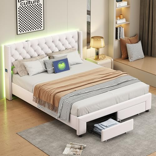 Schubladenbett 160x200, Polsterbett Svec Stauraum, gepolstertes Doppelbett mit 2 Aufbewahrungsschubladen, Bett für 2 Personen mit LED Beleuchtung und USB, Samt, ohne Matratze (Beige