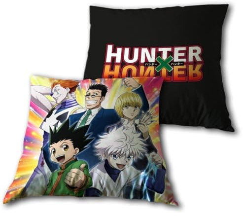 Aymax Hunter x Hunter Anime Kissen – Dekokissen 35x35 cm – Wendekissen mit Charakter-Motiv & Logo – Weiches Fan-Kissen für Sofa & Bett – Polyester
