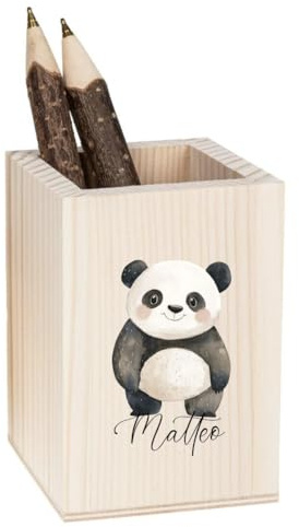 minimutz Pot à crayons en bois coloré pour enfants - Personnalisable - Grand pot à crayons - Organiseur avec nom - Motif animal - Panda