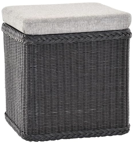 Rattan Wäschekorb Wäschetruhe Sitz gepolstert, Flur-Bank Aufbewahrungsbox mit Deckel Bad-Hocker Sitzhocker Wäschesammler Sitz-Truhe Natur (Schwarz, Quadratisch)