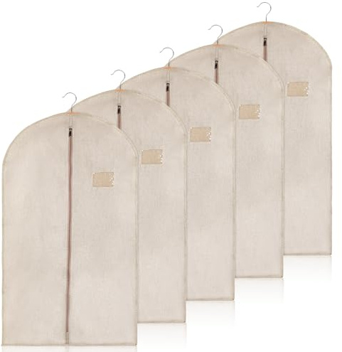 5 Stück Kleidersäck zum Aufhängen von Kleidung, 100 cm Atmungsaktive Anzughülle, Leinen-Kleidersäcke für Kleidung, Mäntel, Lederjacken, Pullover und Schrankaufbewahrung