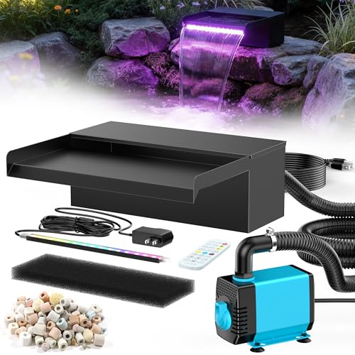 POPOSOAP 12 Inch Pond Waterfall Spillway Filter Kit, 304 Stainless Steel Water Blade with 2500 L/h Pump, 7-Colour LED Lights & Remote, 9.84ft Hose for Garden Pond Water Feature
