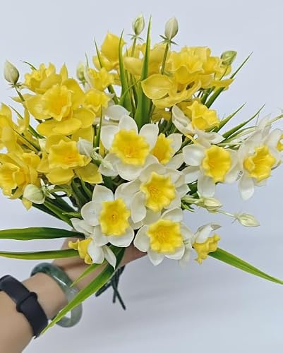 Xialvyu 12er Kunstblumen Narzissen gelb frühlingshaft für Zuhause & Büro | Für Frühling, Zuhause, Büro & Tischdeko.Kunstblumen mit grünen Blättern & Knospen – naturgetreu, pflegeleicht & langlebig