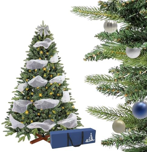 Soontrans Künstlicher Weihnachtsbaum mit Beleuchtung Elva inklv Lichterkette Baumkugeln Dekoband Bogenspitze Aufbewahrungstasche Handschuhe, 1112 PE-PVC Zweigen & 150 Warmweiß LEDs mit 8 Modi (180 cm)